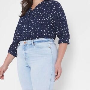Lane Bryant Navy Blue Blouse with White Dots